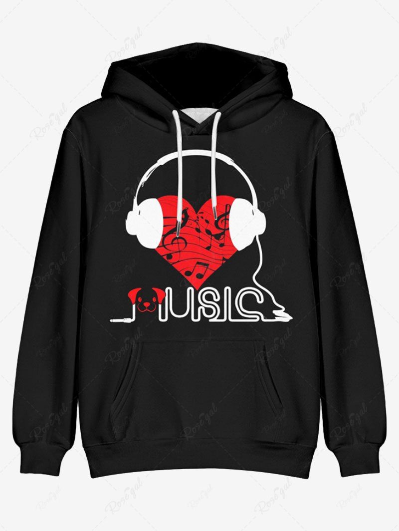 Plus Size Heart Music Symbol Earphone Letters Dog Printed Pocket Drawstring Pullover Long Sleeves Hoodie