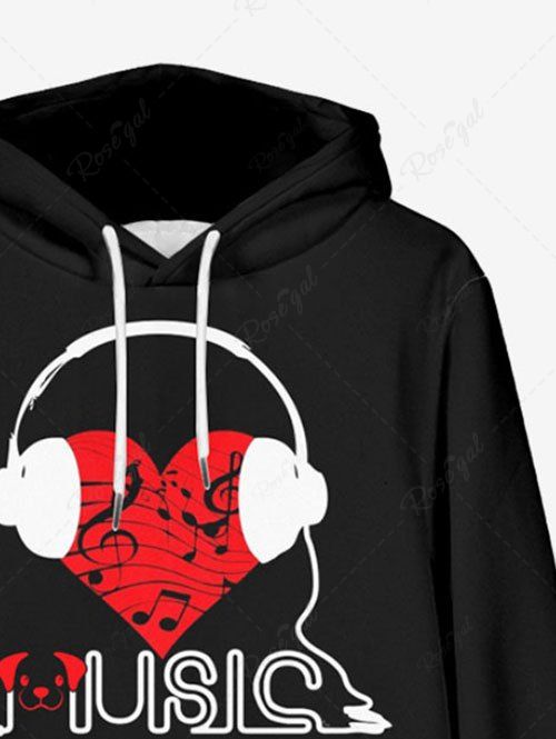 Plus Size Heart Music Symbol Earphone Letters Dog Printed Pocket Drawstring Pullover Long Sleeves Hoodie