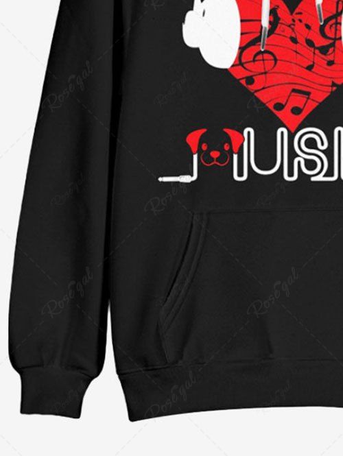 Plus Size Heart Music Symbol Earphone Letters Dog Printed Pocket Drawstring Pullover Long Sleeves Hoodie