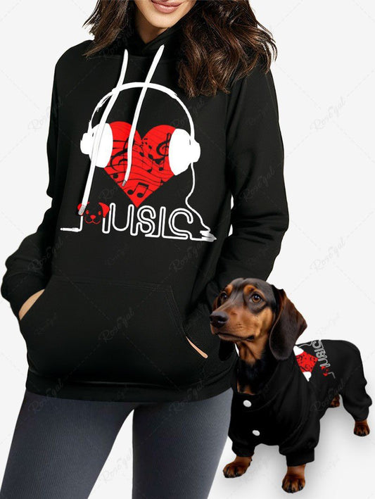 Heart Music Symbol Earphone Letters Print Hoodie Pajama Dog And Owner Matching Outfits