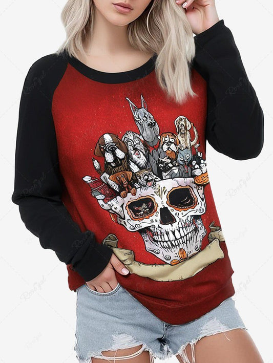 Plus Size Dogs Skull Sparkling Sequin 3D Printed Raglan Sleeves Sweatshirt