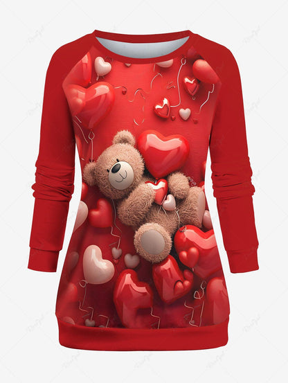 Plus Size  Valentine's Day Heart Balloon Bear Printed Raglan Sleeves Sweatshirt