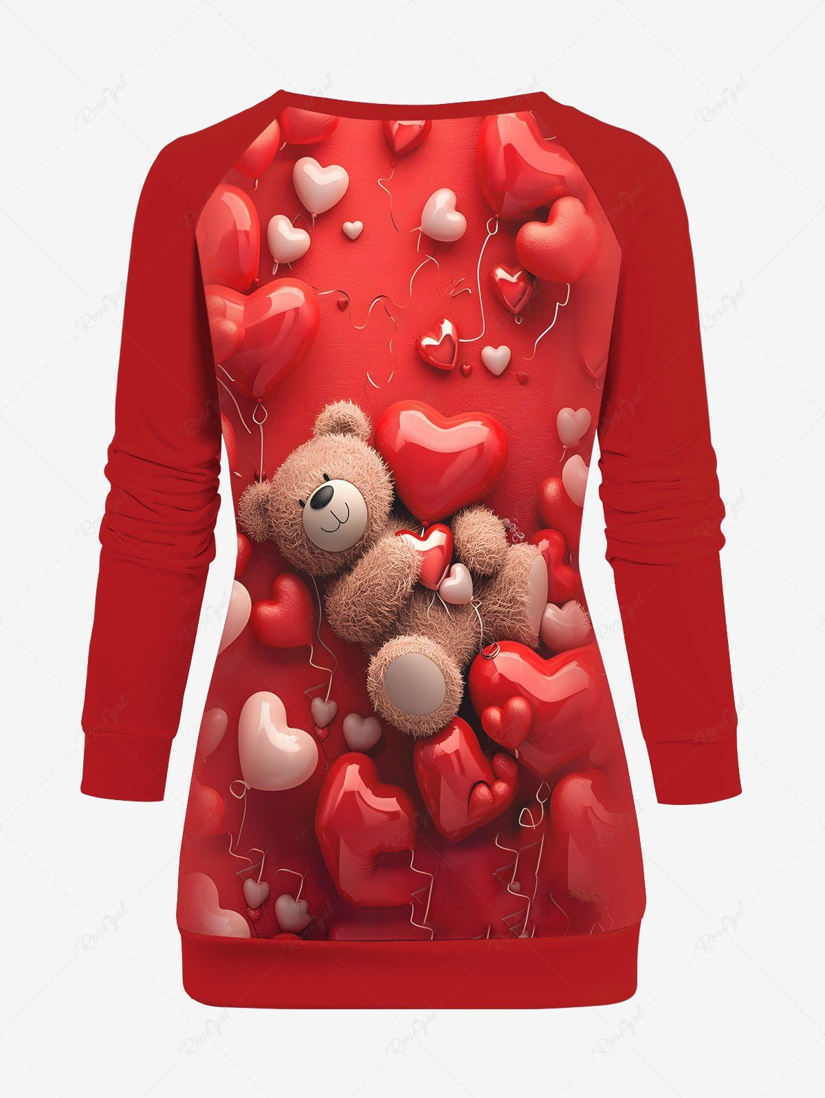 Plus Size  Valentine's Day Heart Balloon Bear Printed Raglan Sleeves Sweatshirt