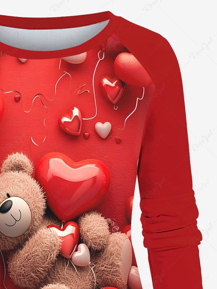 Plus Size  Valentine's Day Heart Balloon Bear Printed Raglan Sleeves Sweatshirt