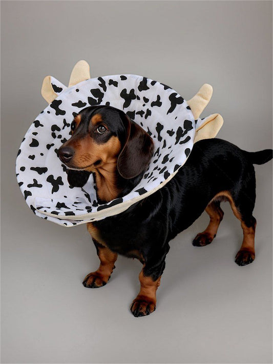 Pet's Cow Printed Horns Ears Shaped Recovery Elizabethan Collar