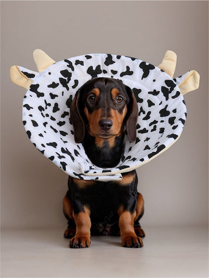 Pet's Cow Printed Horns Ears Shaped Recovery Elizabethan Collar