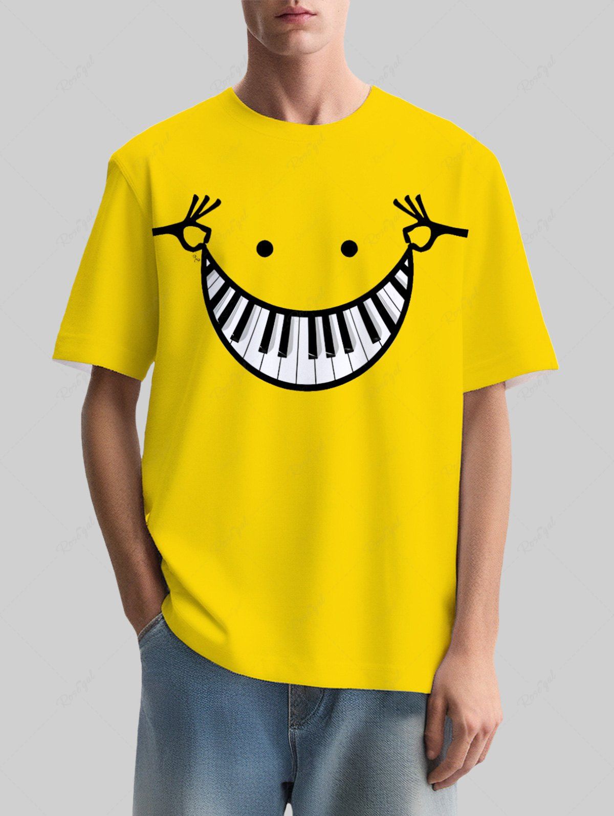 Plus Size Piano Smile Face Printed Music T-shirt For Men