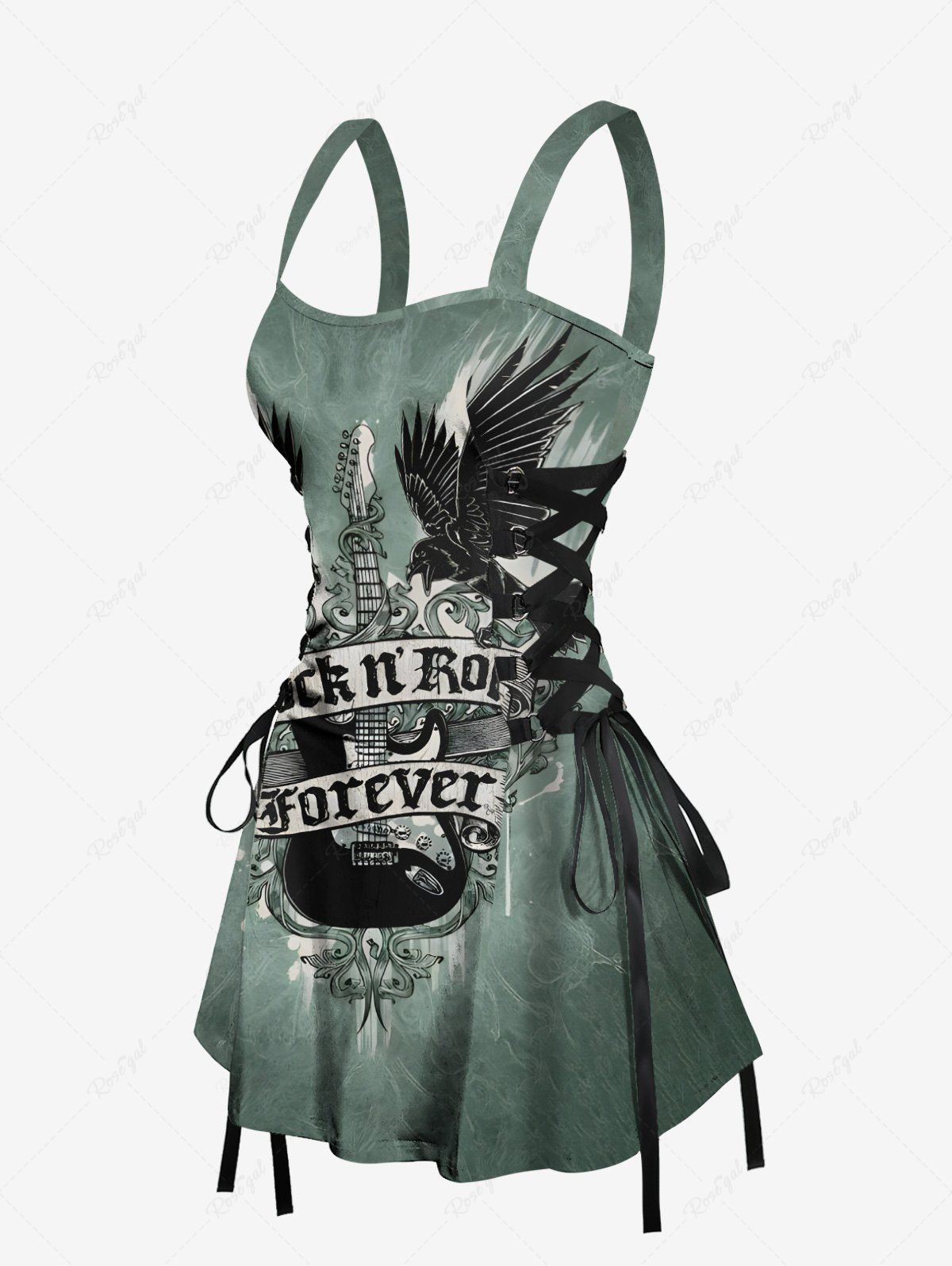 Music Festival Eagle Guitar Letters Printed Lace Up Tank Dress