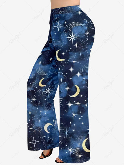 Plus Size Galaxy Star Moon Tie Dye Printed Wide Leg Pants