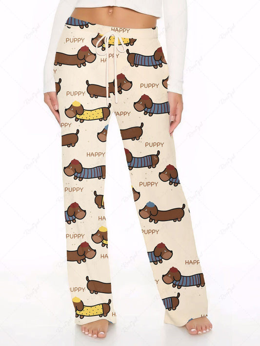 Plus Size Puppy Dod Letters Printed Drawstring Wide Leg Pants