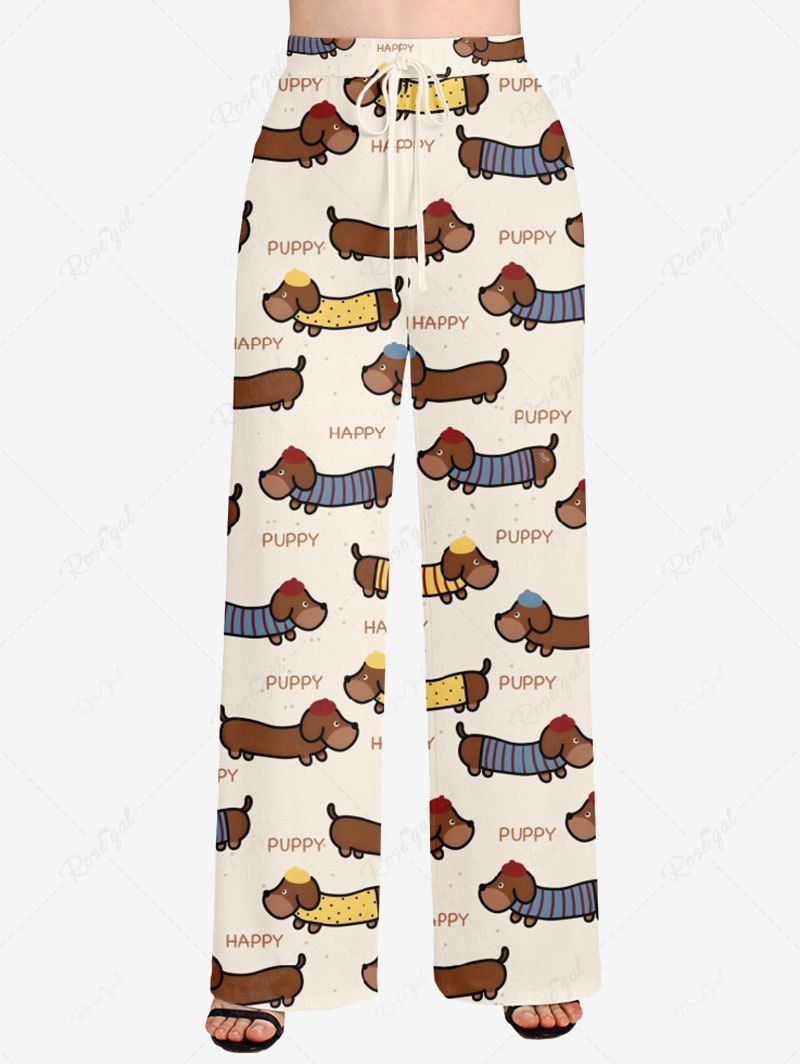 Plus Size Puppy Dod Letters Printed Drawstring Wide Leg Pants