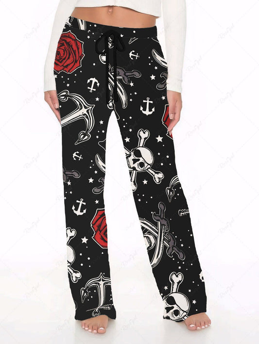 Plus Size Skull Rose Flower Star Anchor Printed Drawstring Wide Leg Pants