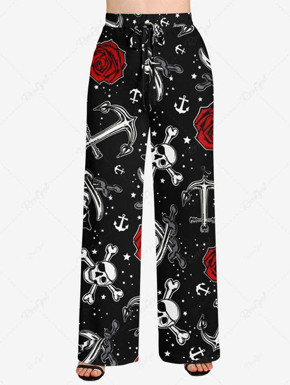 Plus Size Skull Rose Flower Star Anchor Printed Drawstring Wide Leg Pants