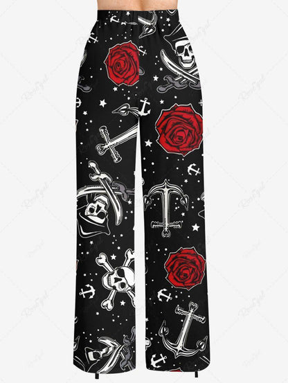 Plus Size Skull Rose Flower Star Anchor Printed Drawstring Wide Leg Pants