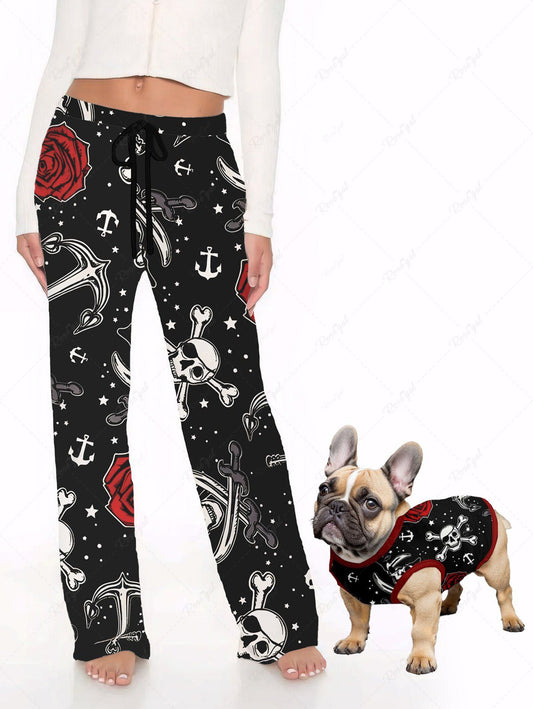 Skull Rose Flower Star Anchor Printed Tank Top and Wide Leg Pants Dog and Owner Matching Outfits