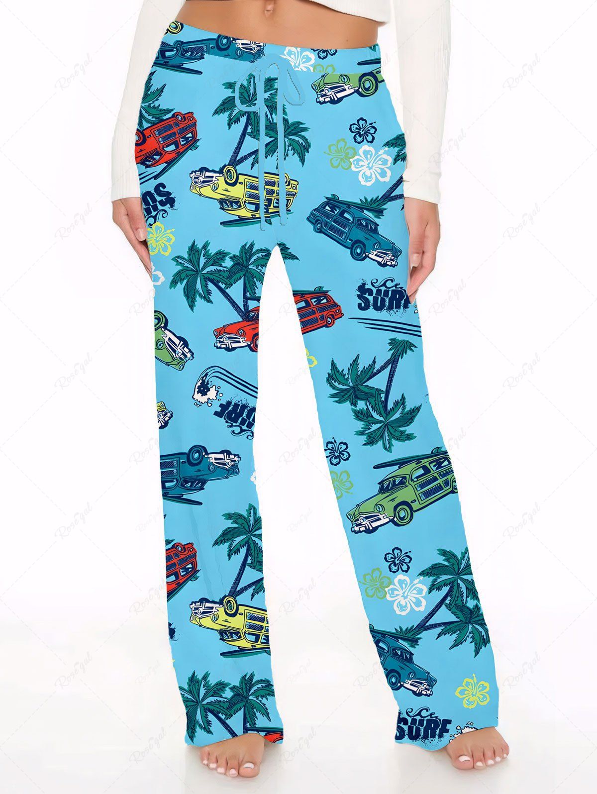 Hawaii Coconut Tree Flower Cars Printed Tank Top and Wide Leg Pants Dog and Owner Matching Outfits