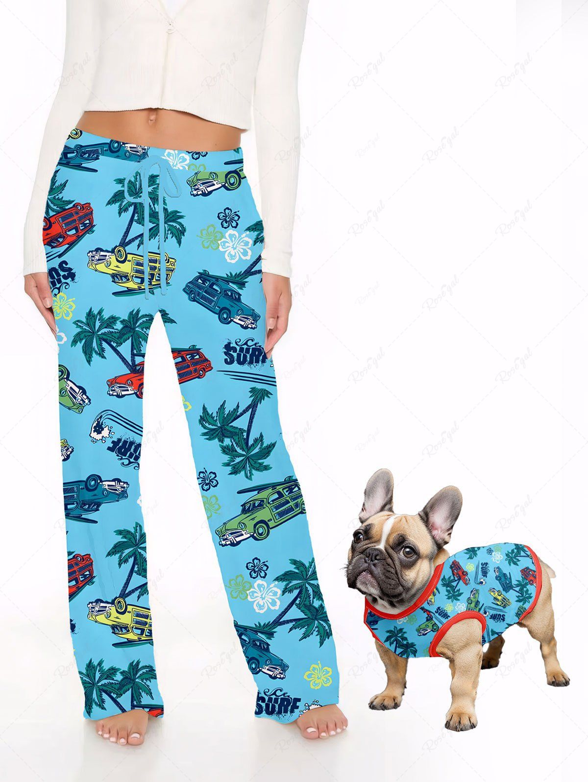 Hawaii Coconut Tree Flower Cars Printed Tank Top and Wide Leg Pants Dog and Owner Matching Outfits