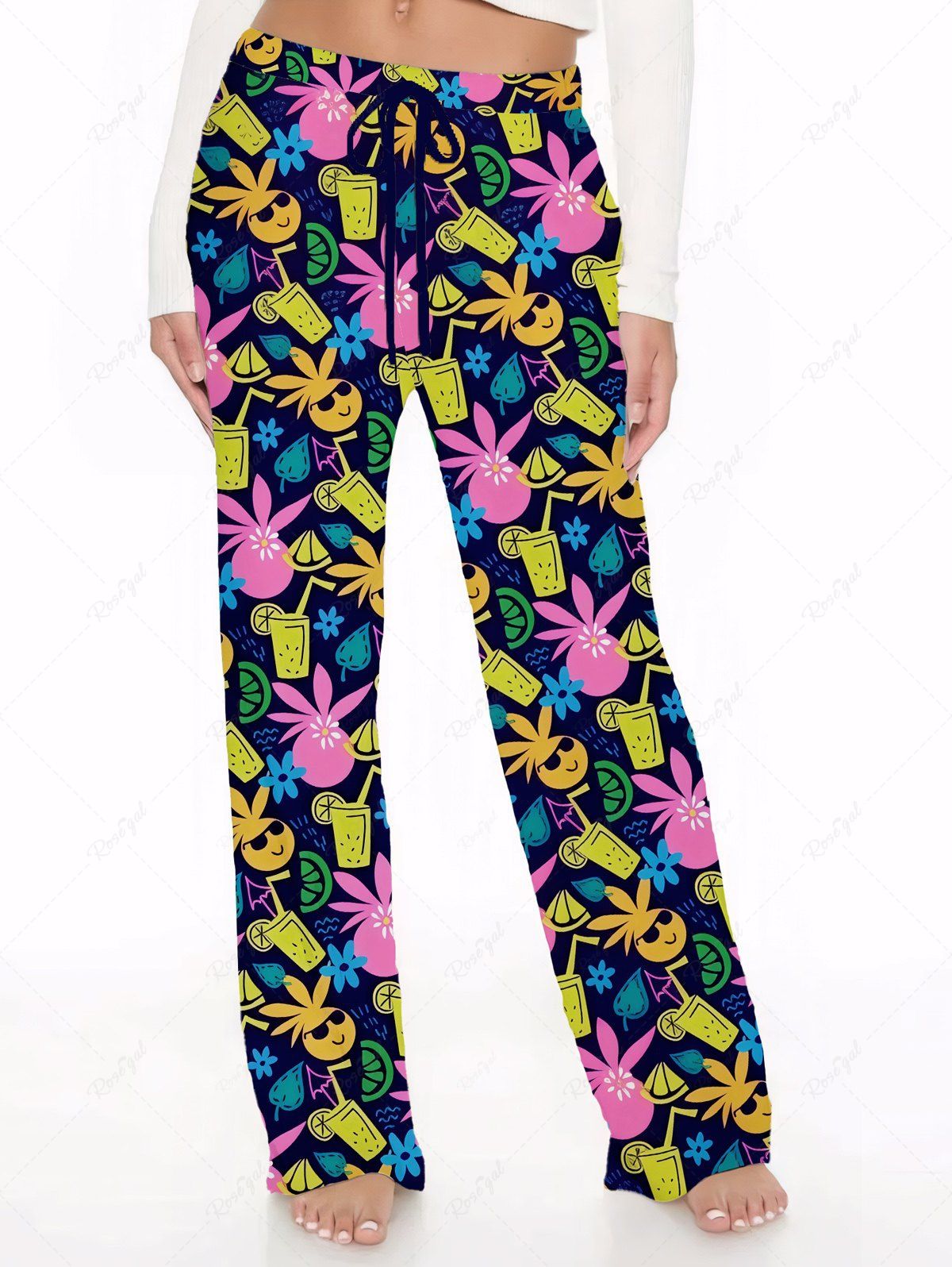 Plus Size Colorful Lemon Juice Cartoon Coconut Printed Hawaii Drawstring Wide Leg Pants