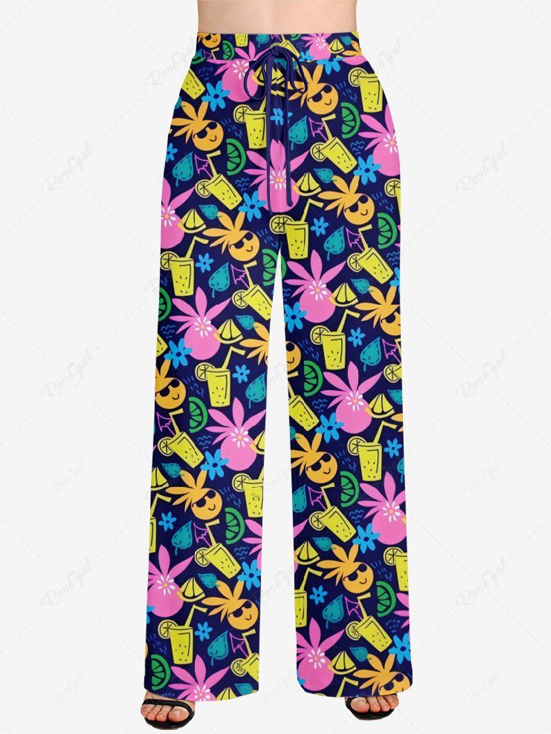 Plus Size Colorful Lemon Juice Cartoon Coconut Printed Hawaii Drawstring Wide Leg Pants