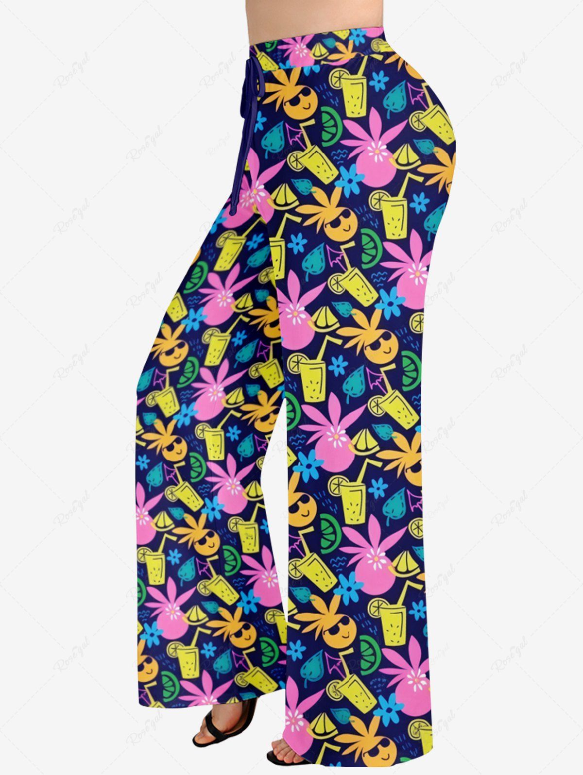 Plus Size Colorful Lemon Juice Cartoon Coconut Printed Hawaii Drawstring Wide Leg Pants