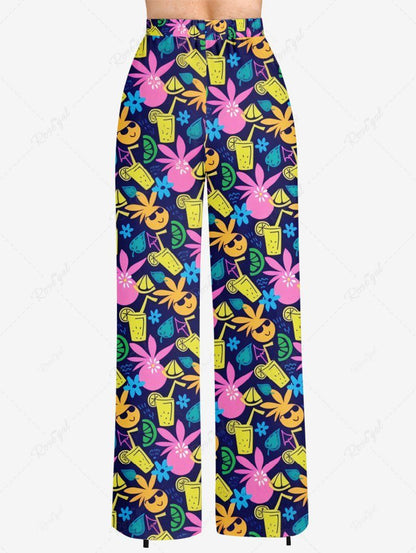 Plus Size Colorful Lemon Juice Cartoon Coconut Printed Hawaii Drawstring Wide Leg Pants