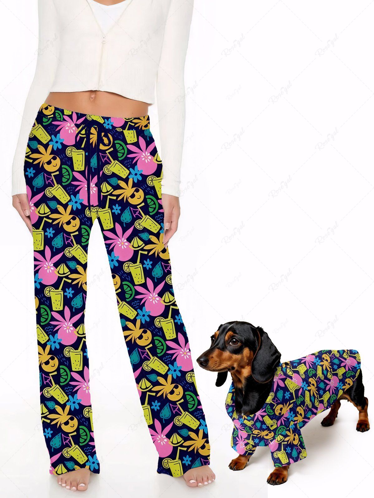 Hawaii Colorful Lemon Juice Cartoon Coconut Print Pants Shirt Dog And Owner Matching Outfits