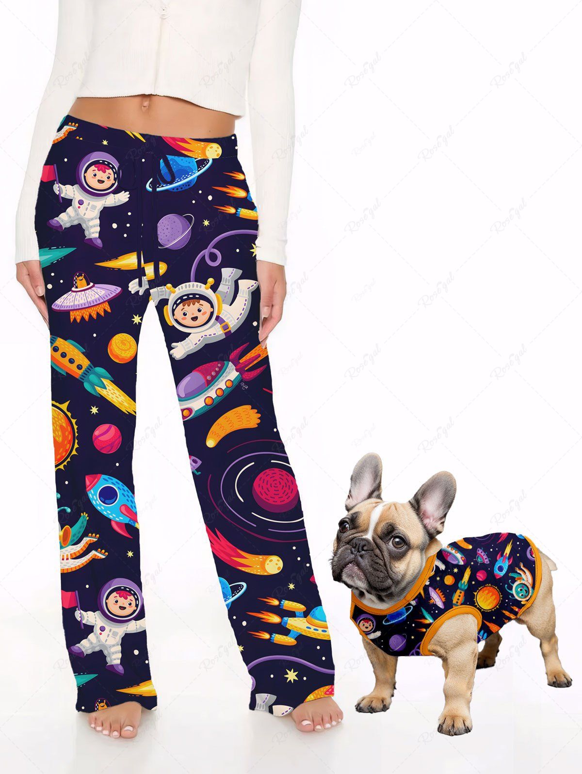 Galaxy Planet Astronaut Spacecraft Printed Tank Top and Wide Leg Pants Dog and Owner Matching Outfits