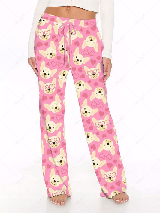 Plus Size Cute Dog Heart Printed Valentines Drawstring Wide Leg Pants