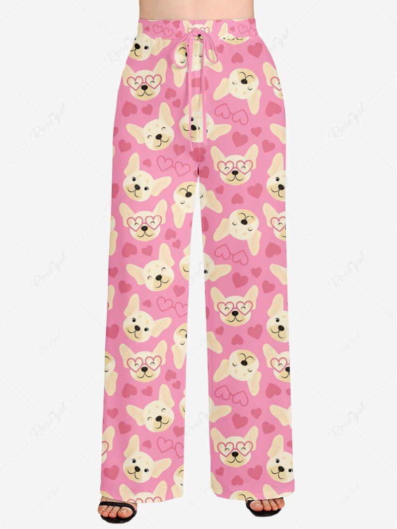 Plus Size Cute Dog Heart Printed Valentines Drawstring Wide Leg Pants