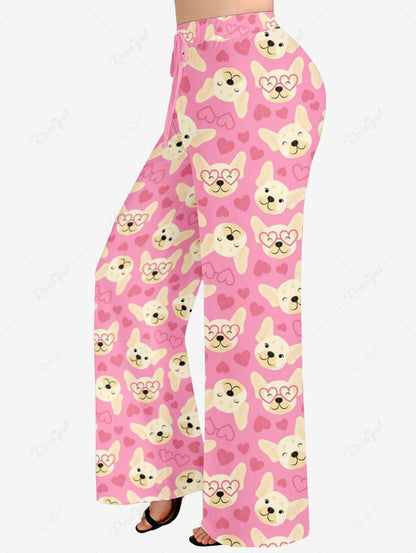 Plus Size Cute Dog Heart Printed Valentines Drawstring Wide Leg Pants