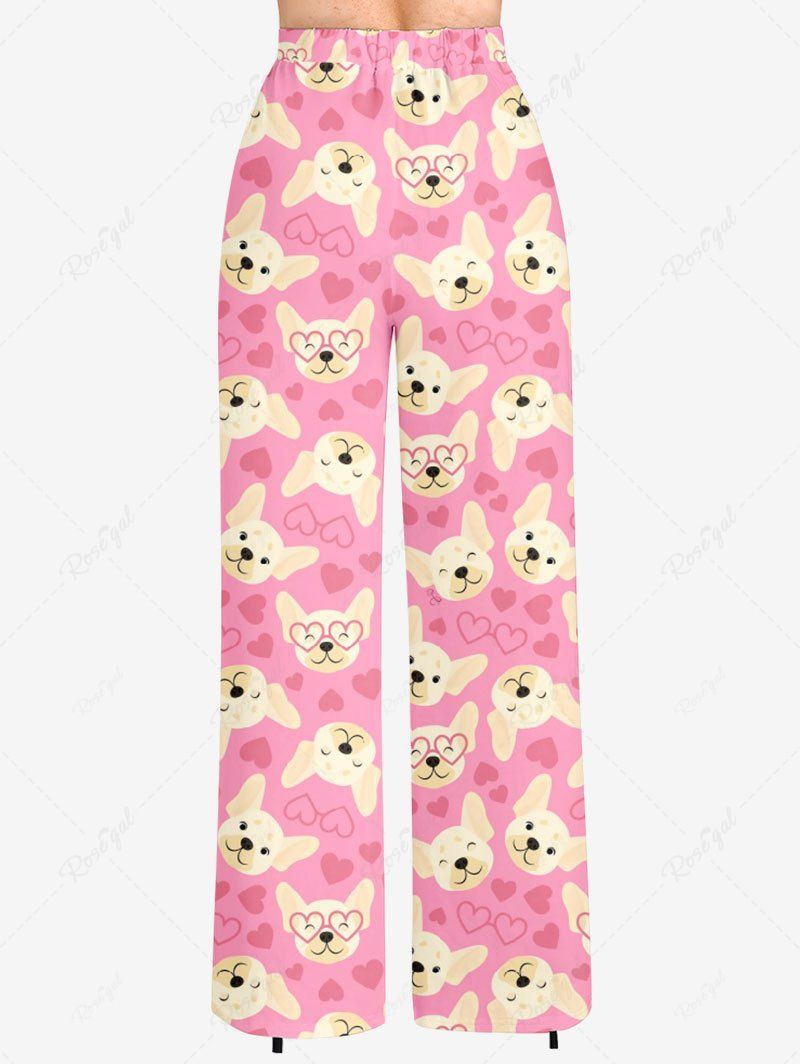 Plus Size Cute Dog Heart Printed Valentines Drawstring Wide Leg Pants