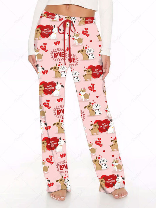 Plus Size Dog Lovers Heart Letters Printed Valentines Drawstring Wide Leg Pants