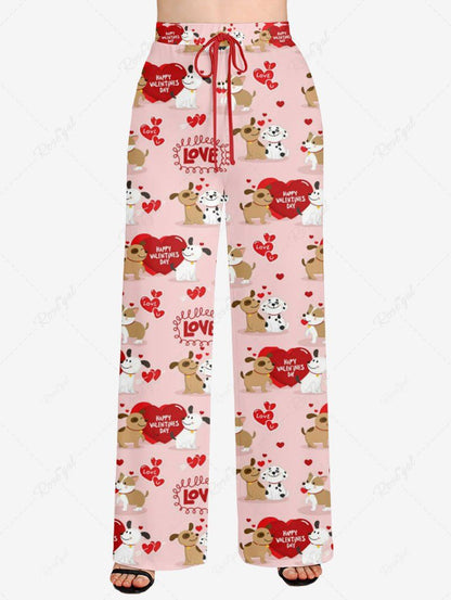 Plus Size Dog Lovers Heart Letters Printed Valentines Drawstring Wide Leg Pants