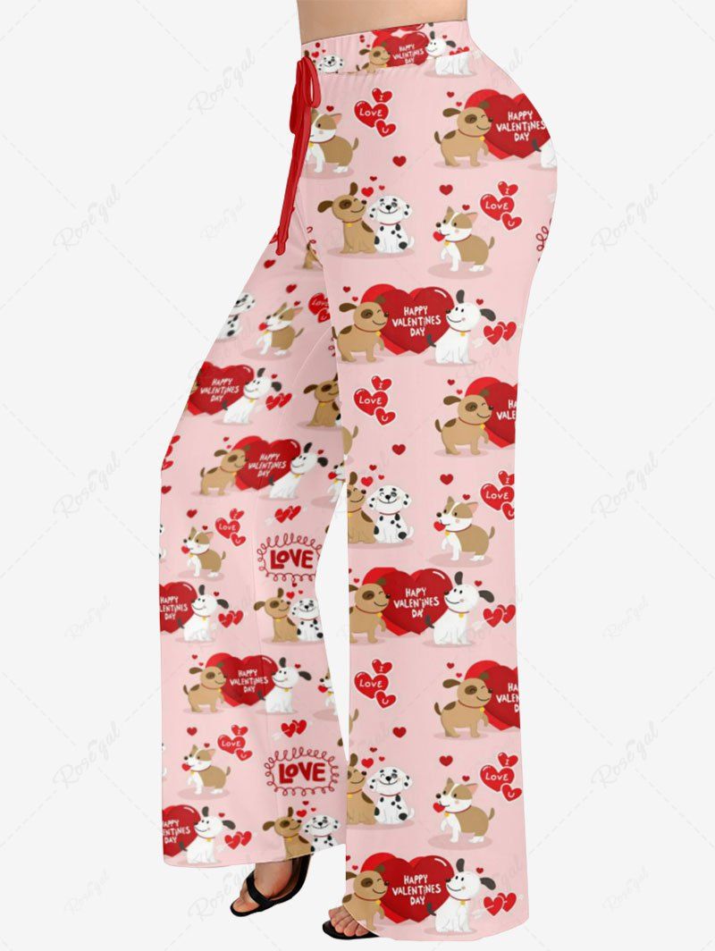 Plus Size Dog Lovers Heart Letters Printed Valentines Drawstring Wide Leg Pants