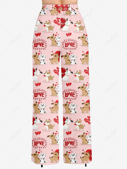 Plus Size Dog Lovers Heart Letters Printed Valentines Drawstring Wide Leg Pants