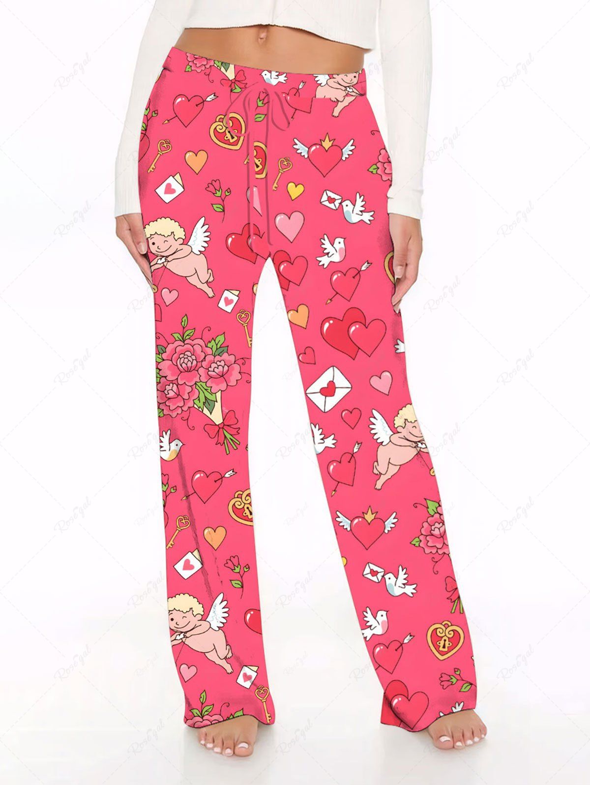 Plus Size Cupid Angel Flowers Heart Envelope Printed Drawstring Wide Leg Pants