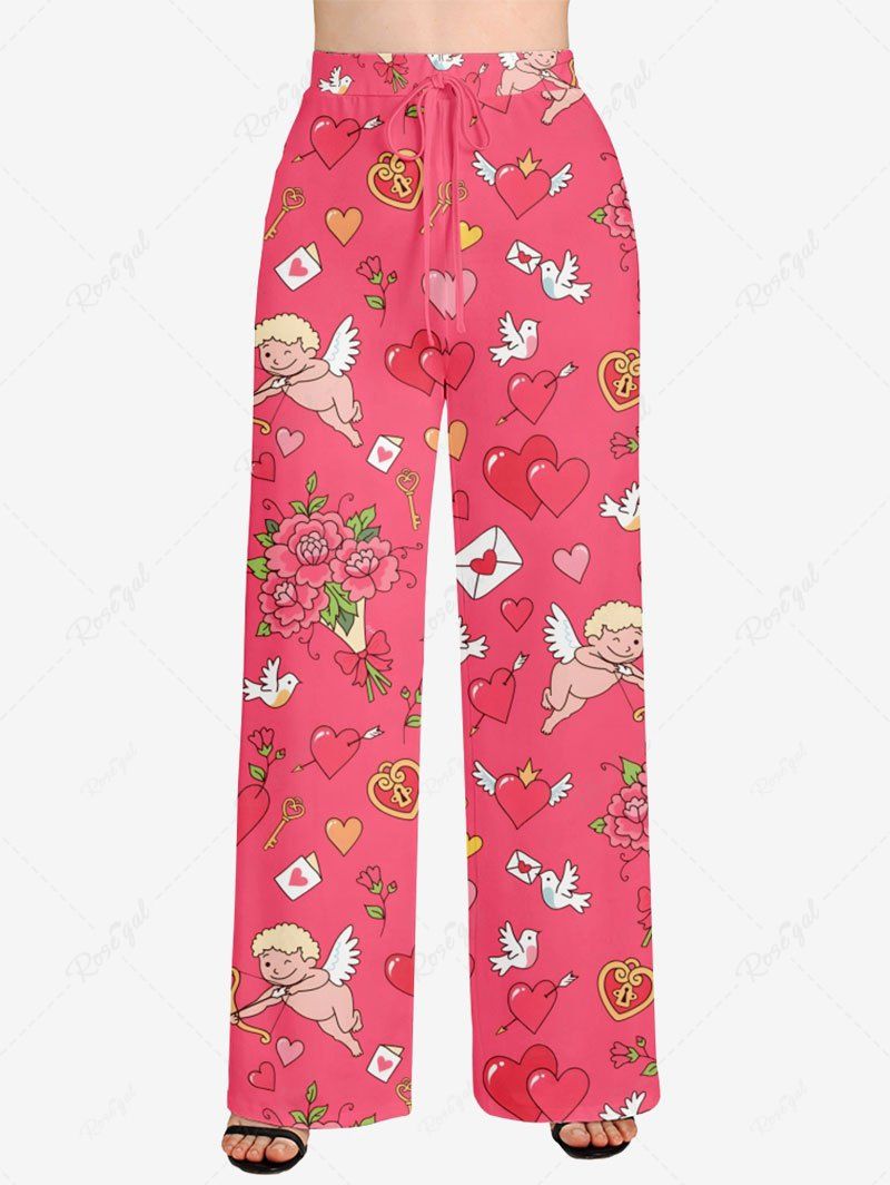 Plus Size Cupid Angel Flowers Heart Envelope Printed Drawstring Wide Leg Pants