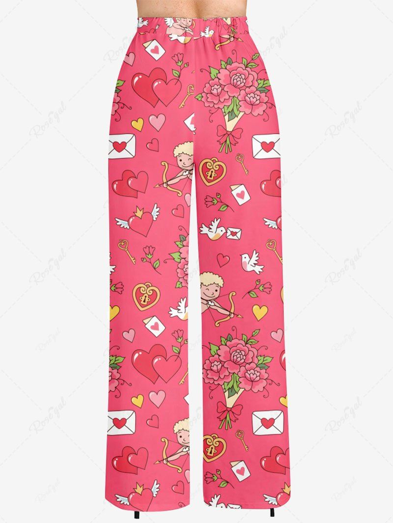 Plus Size Cupid Angel Flowers Heart Envelope Printed Drawstring Wide Leg Pants