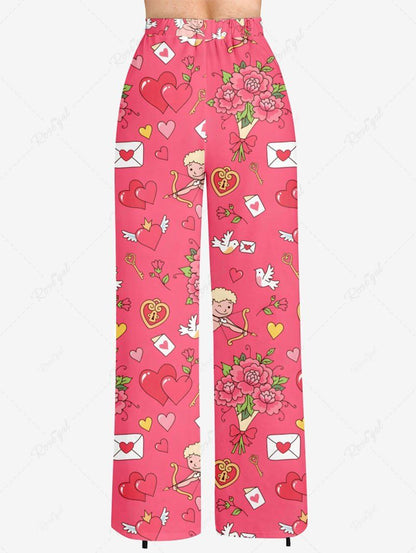 Plus Size Cupid Angel Flowers Heart Envelope Printed Drawstring Wide Leg Pants