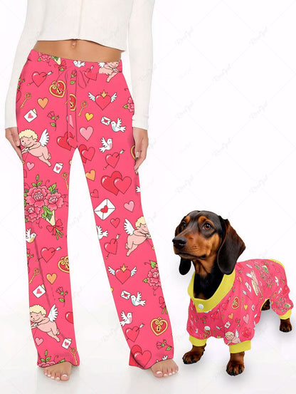 Heart Cupid Angel Flower Bowknot Print Pajama and Wide Leg Pants Dog and Owner Matching Outfits