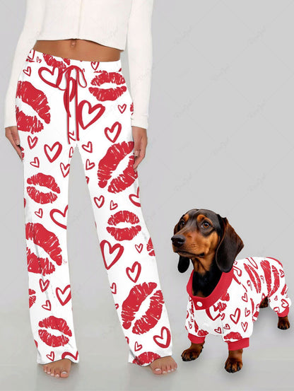 Heart Lips Print Pajama and Wide Leg Pants Dog and Owner Matching Outfits