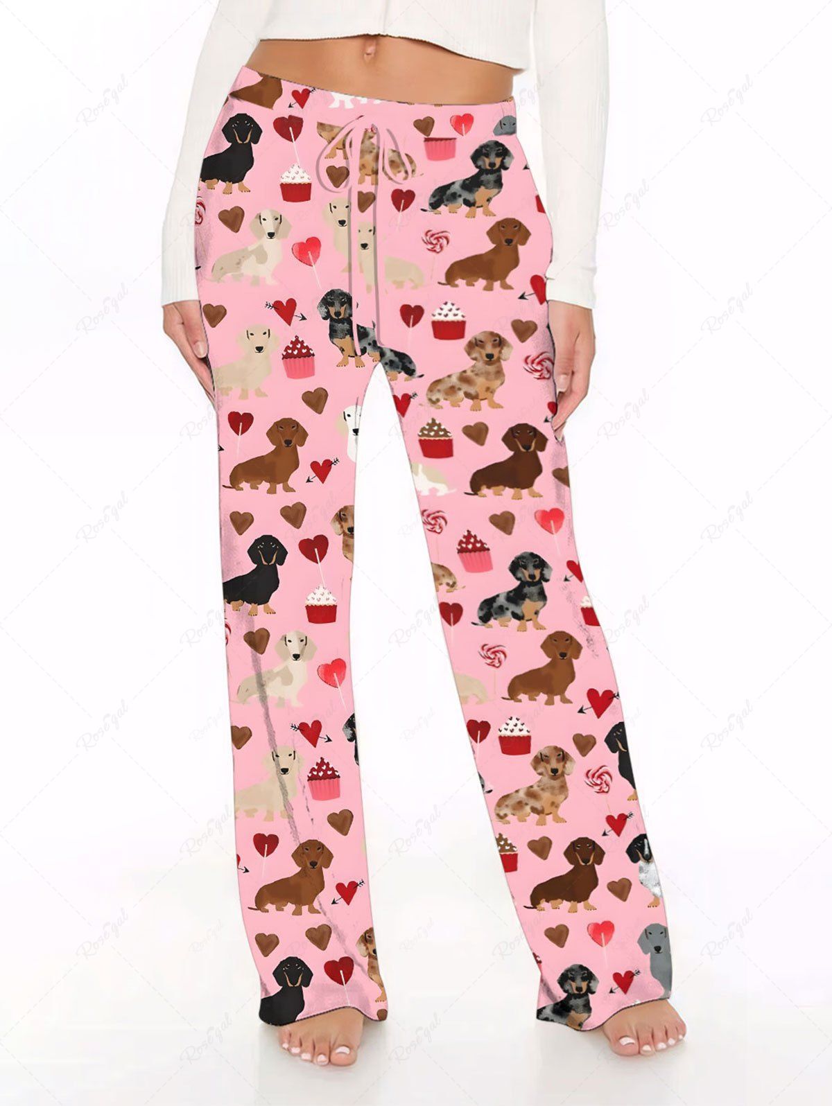 Plus Size Dog Heart Cake Printed Drawstring Wide Leg Pants