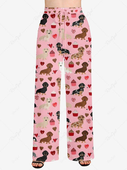 Plus Size Dog Heart Cake Printed Drawstring Wide Leg Pants