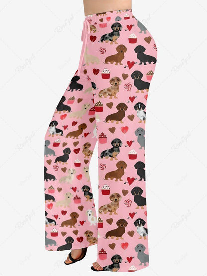 Plus Size Dog Heart Cake Printed Drawstring Wide Leg Pants