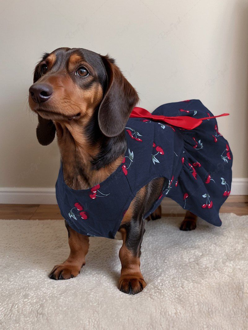 Cherry Print Bowknot Ruched Dresses Dog and Owner Matching Outfits