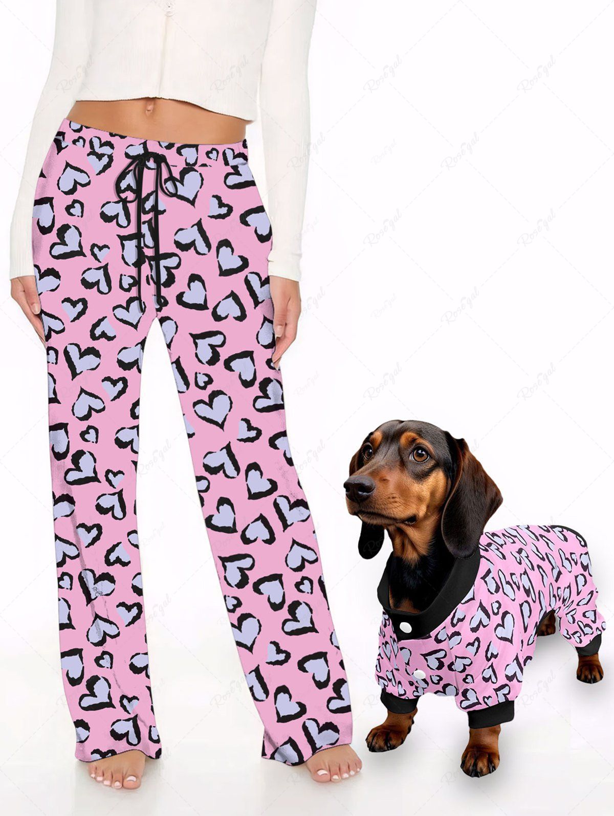 Heart Contrast Piping Printed Button Pajama and Wide Leg Pants Dog and Owner Matching Outfits