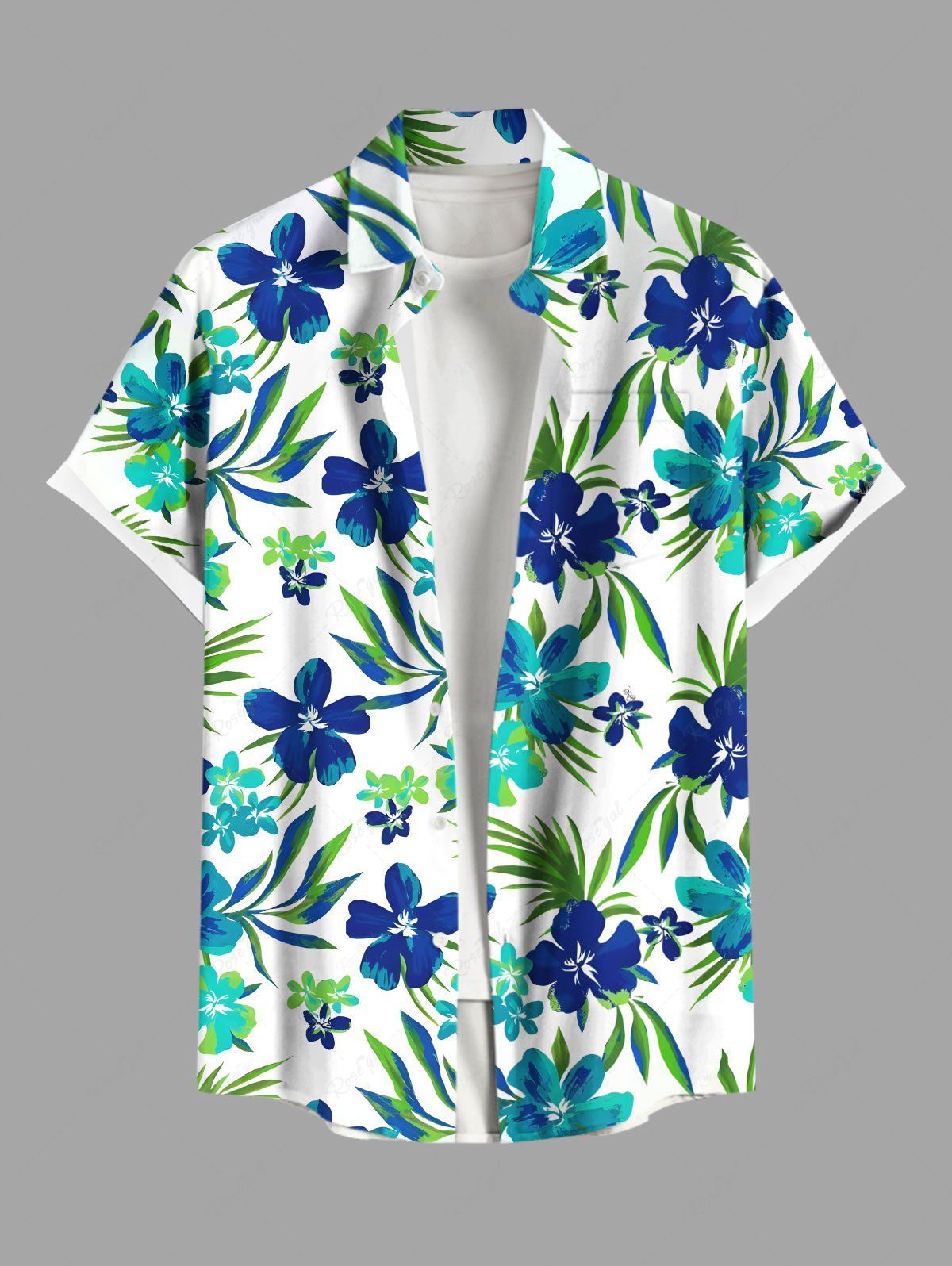 Plus Size Tropical Leaf Flowers Printed Buttons Pocket Hawaii Shirt For Men