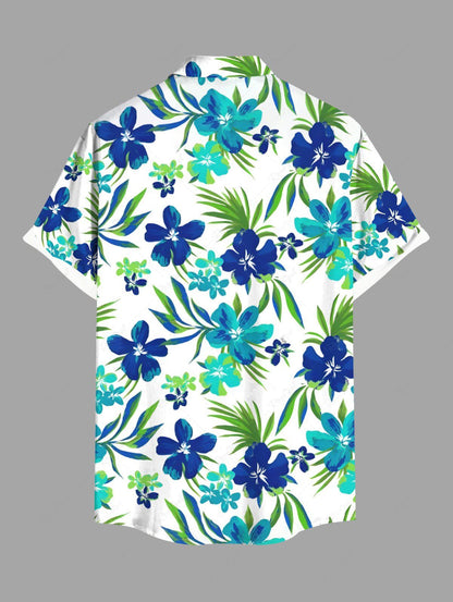 Plus Size Tropical Leaf Flowers Printed Buttons Pocket Hawaii Shirt For Men