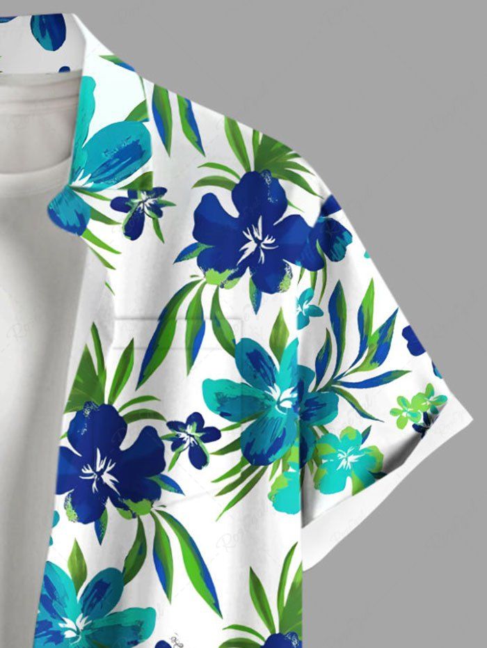 Plus Size Tropical Leaf Flowers Printed Buttons Pocket Hawaii Shirt For Men