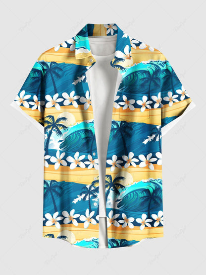 Plus Size Coconut Tree Flower Sun Sea Waves Printed Buttons Pocket Hawaii Shirt For Men